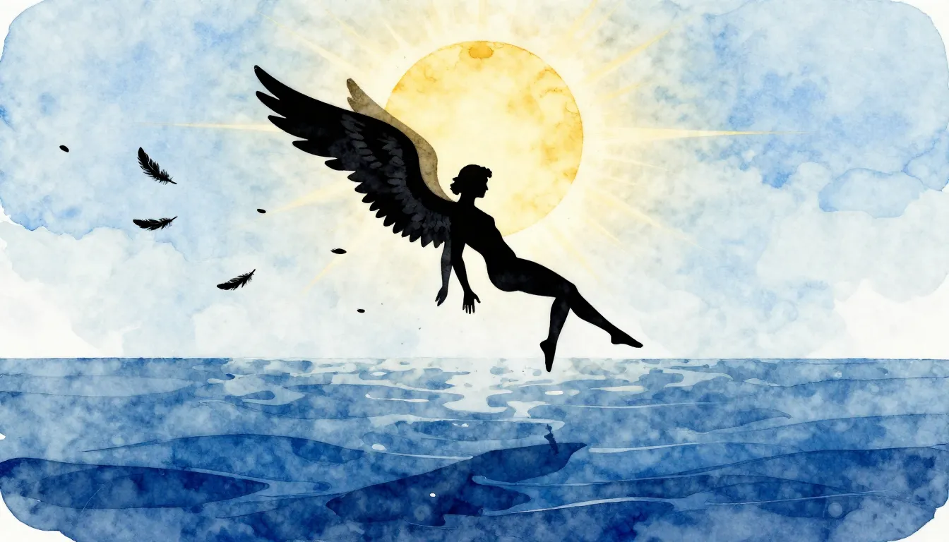Watercolor style. A silhouette of a winged figure falling fr...