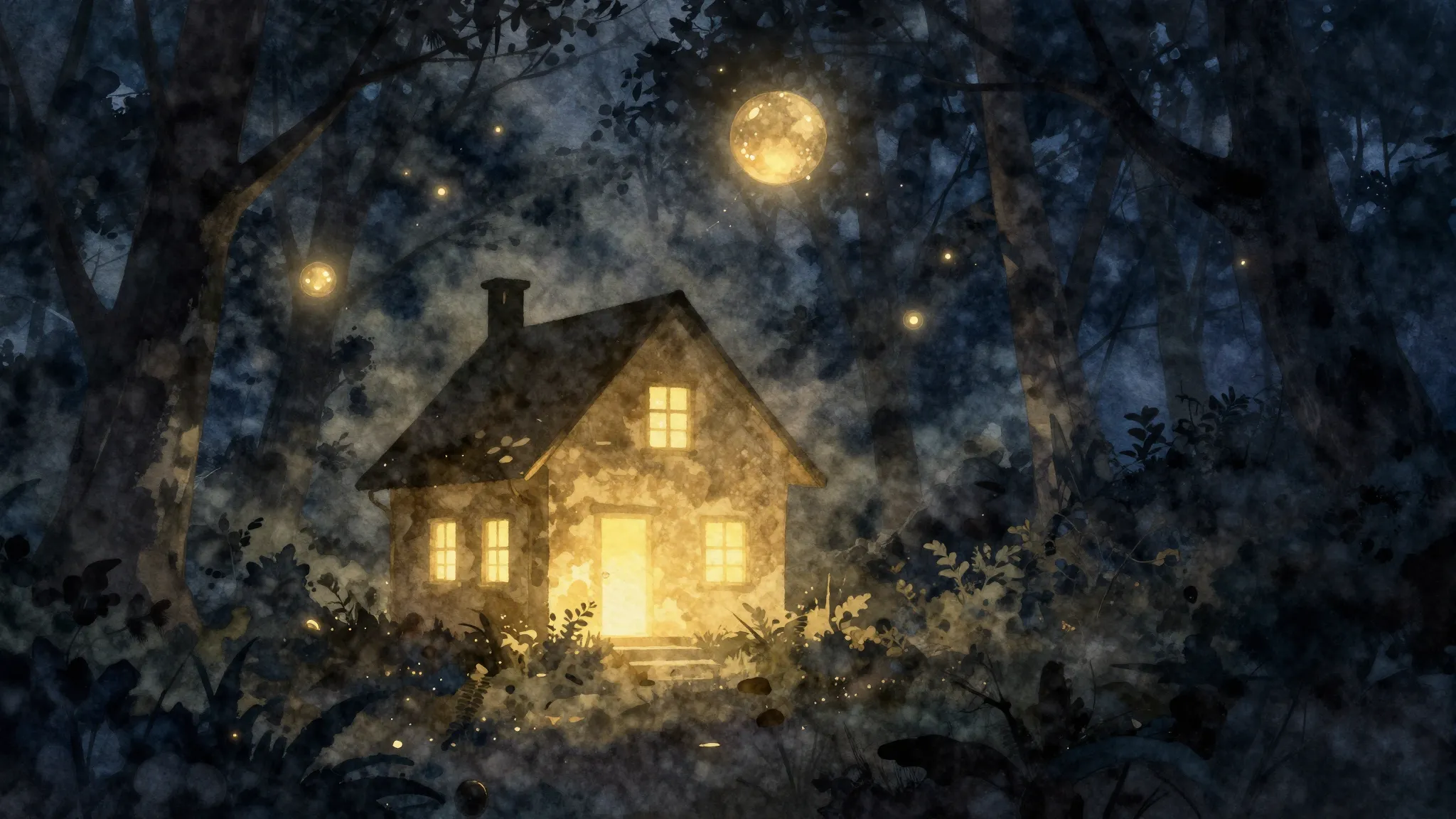 Watercolor style. Silhouette of a glowing house in a dark fo...