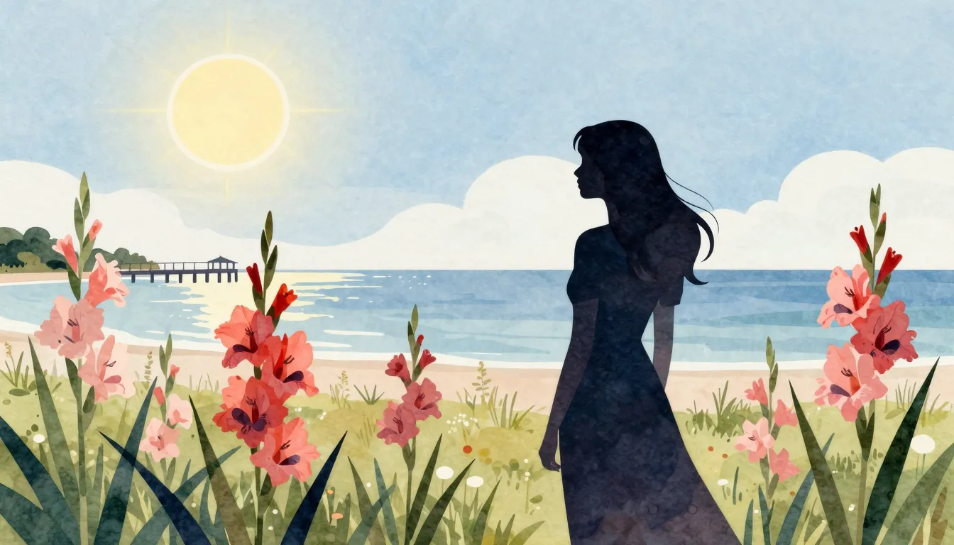 Watercolor style. A silhouette of a woman standing in a fiel...