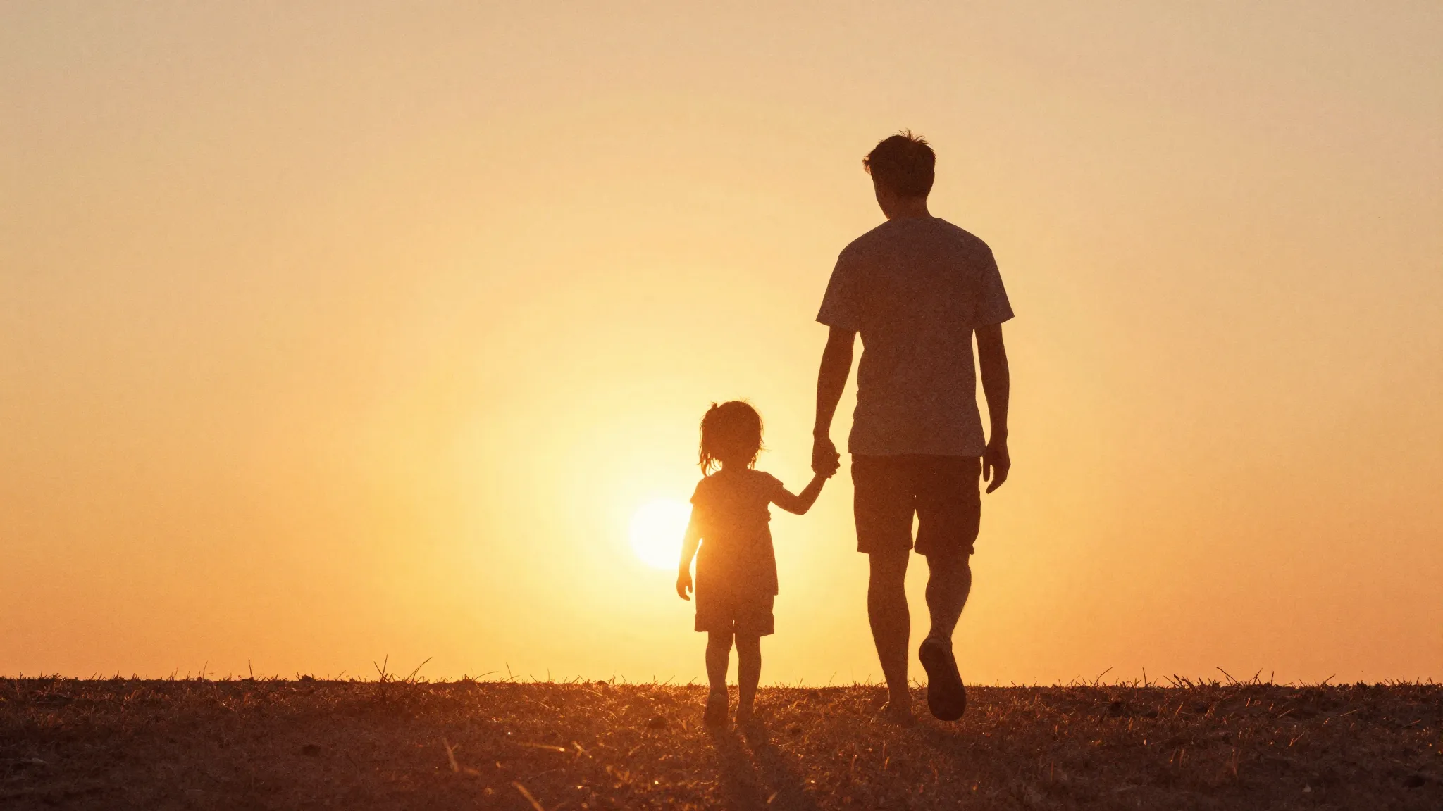 Watercolor style. A silhouette of an adult and a child walki...