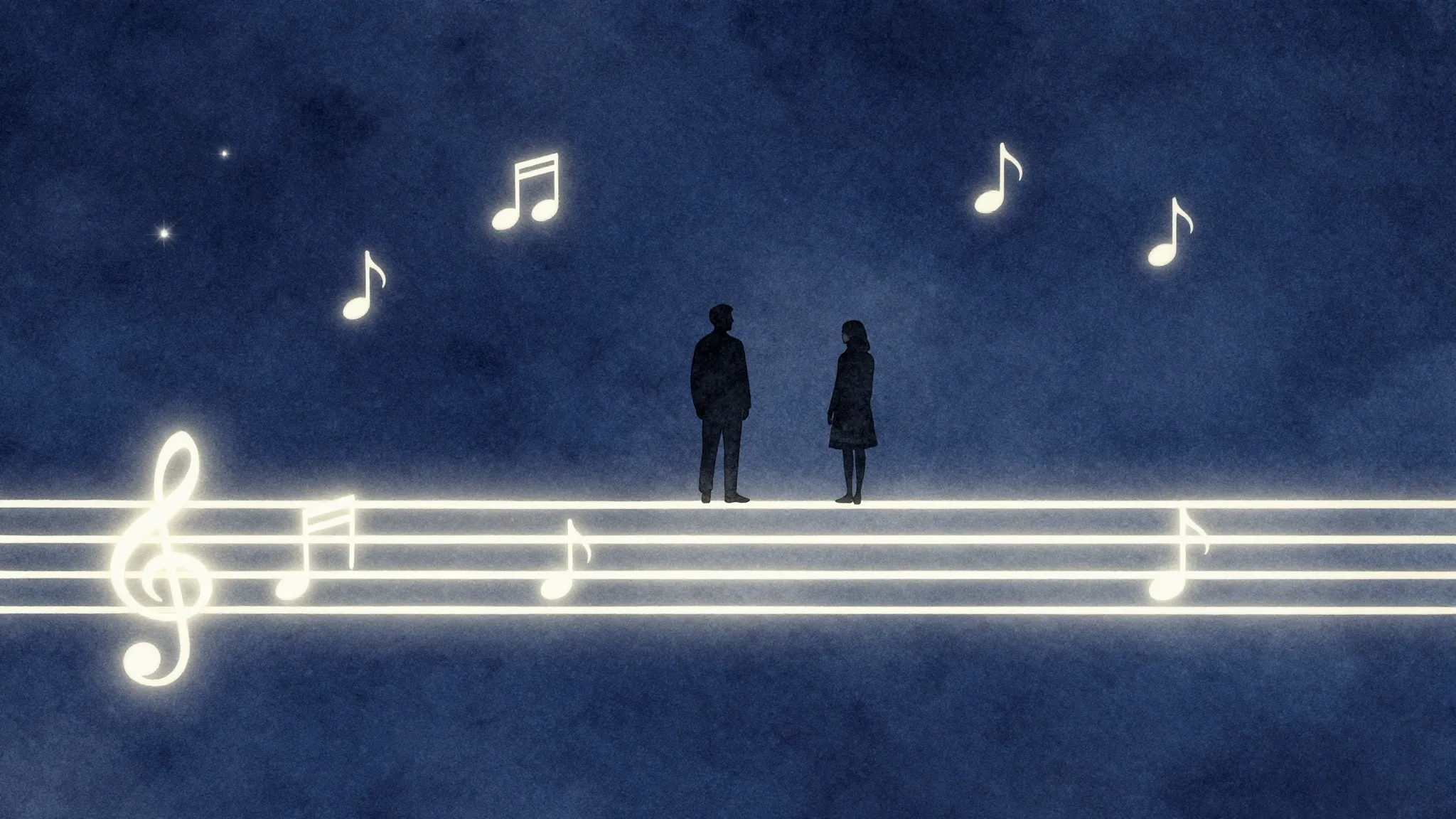 Watercolor style. Silhouettes of two figures standing on a g...