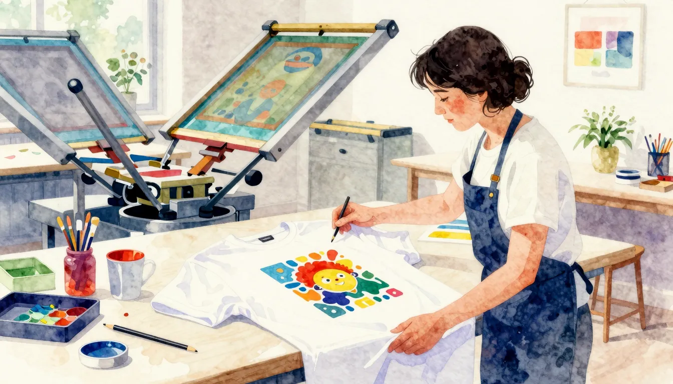Watercolor style. A creative workspace with a silhouette of ...