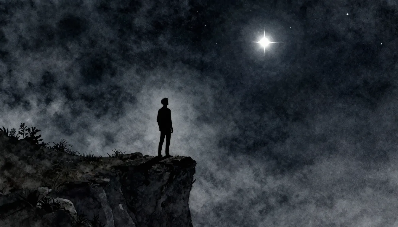 Watercolor style. A lone silhouette of a man standing on a c...