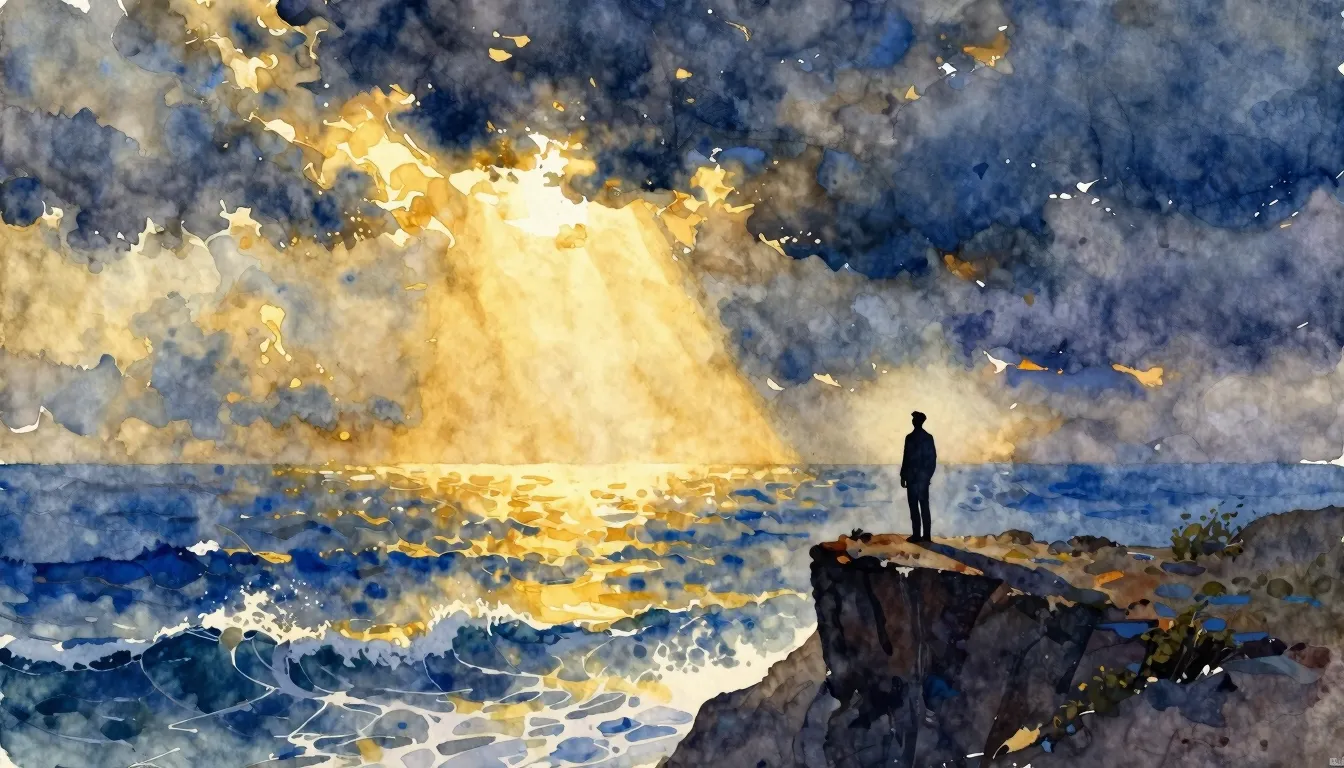 Vibrant watercolor style. A lone silhouette stands on a clif...