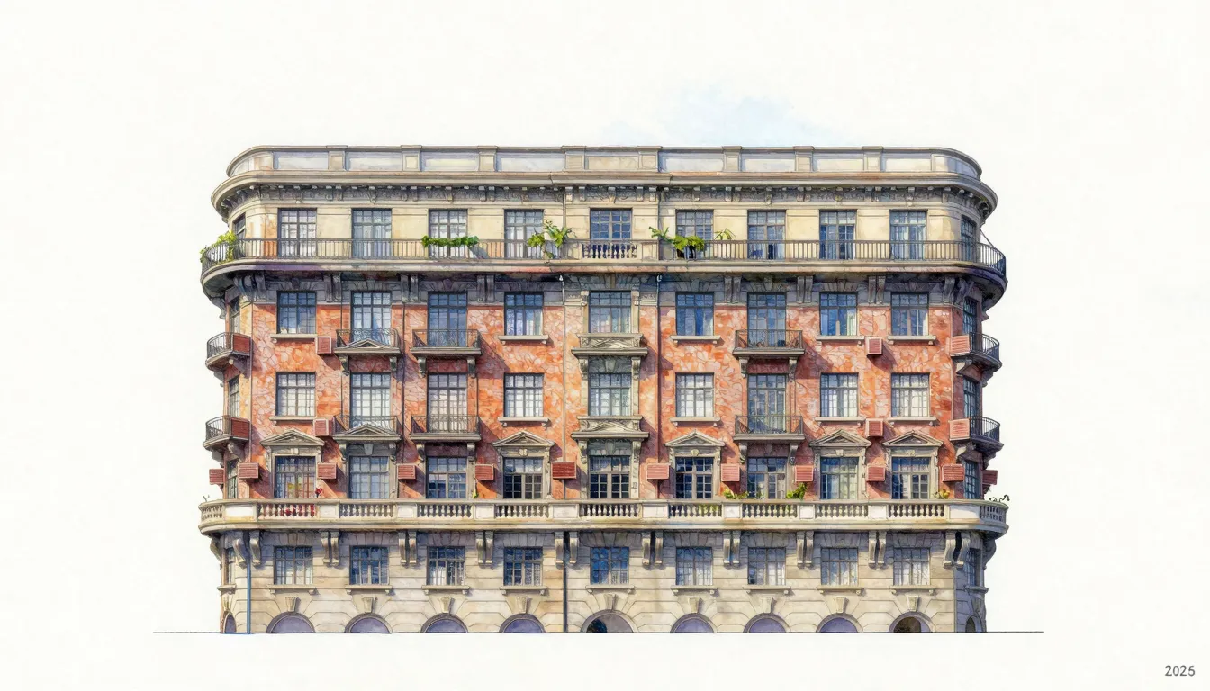 Watercolor style. Stylized architectural elevation of a hist...