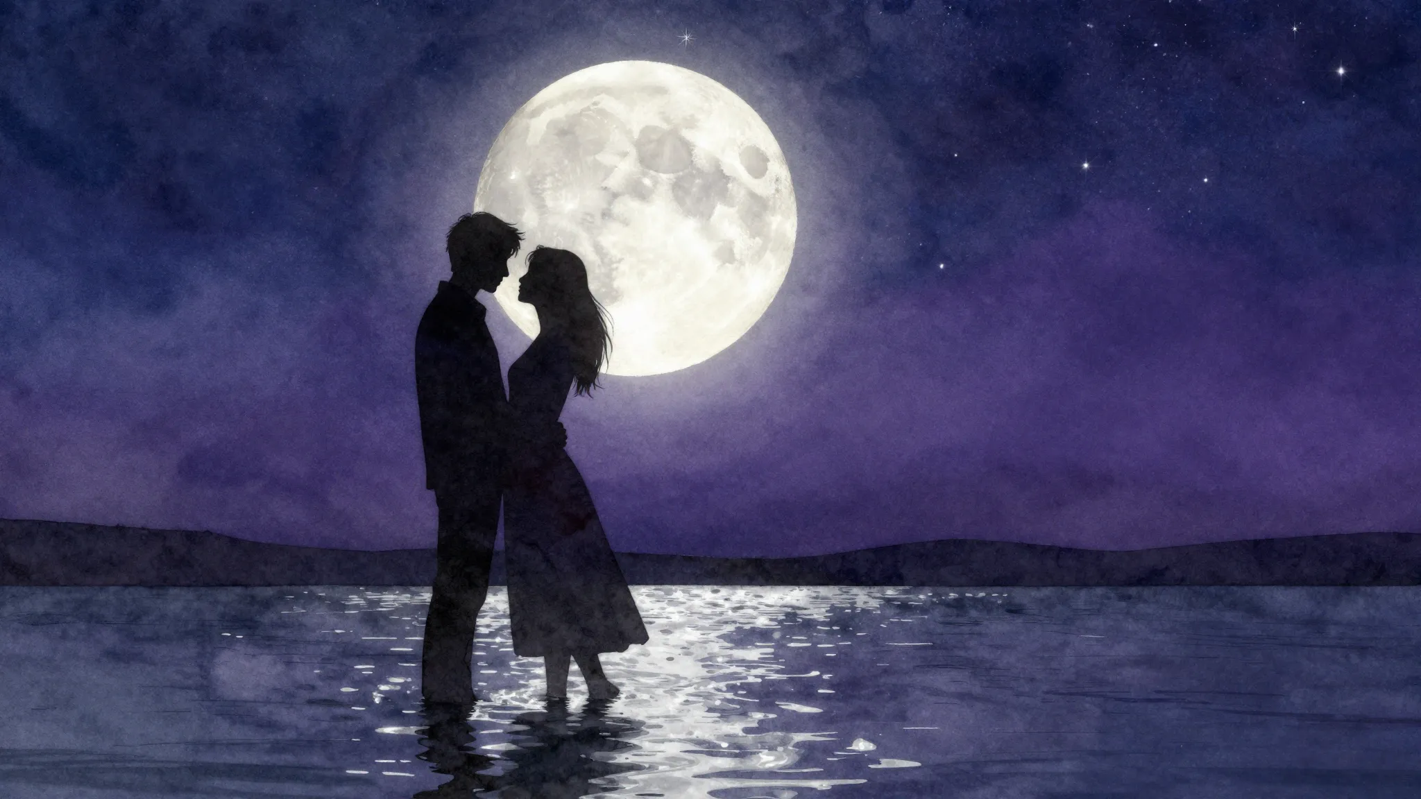 Watercolor style. A silhouette of a couple embracing against...