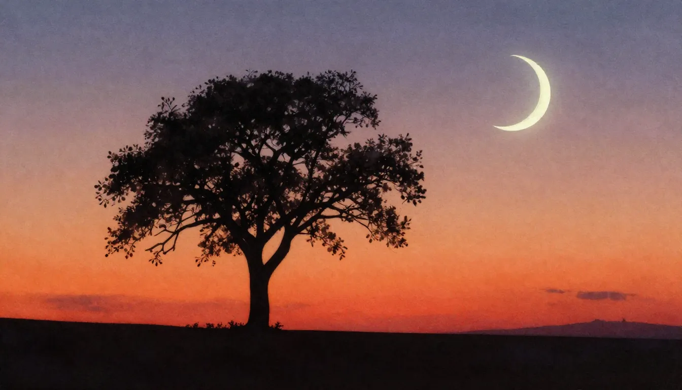 Watercolor style. A silhouette of a lonely tree against a vi...