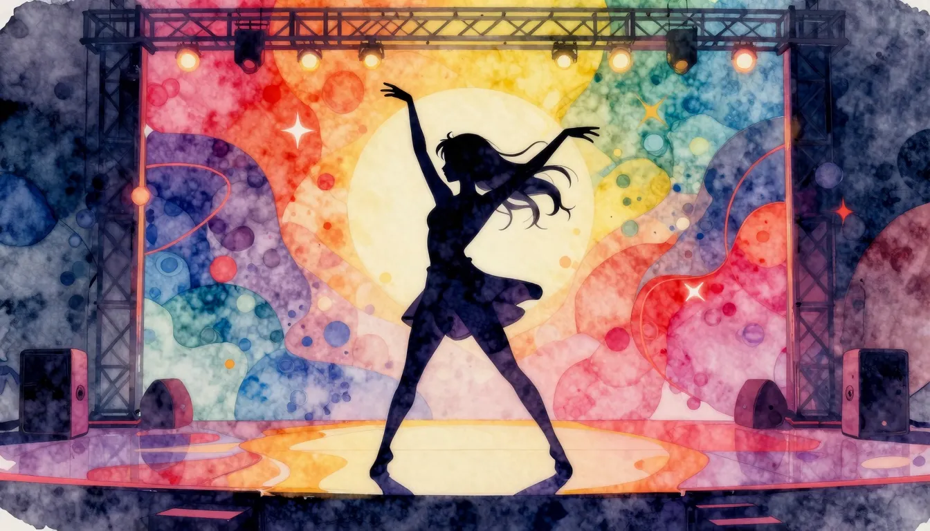 Watercolor style. Silhouette of a girl dancing on a neon sta...