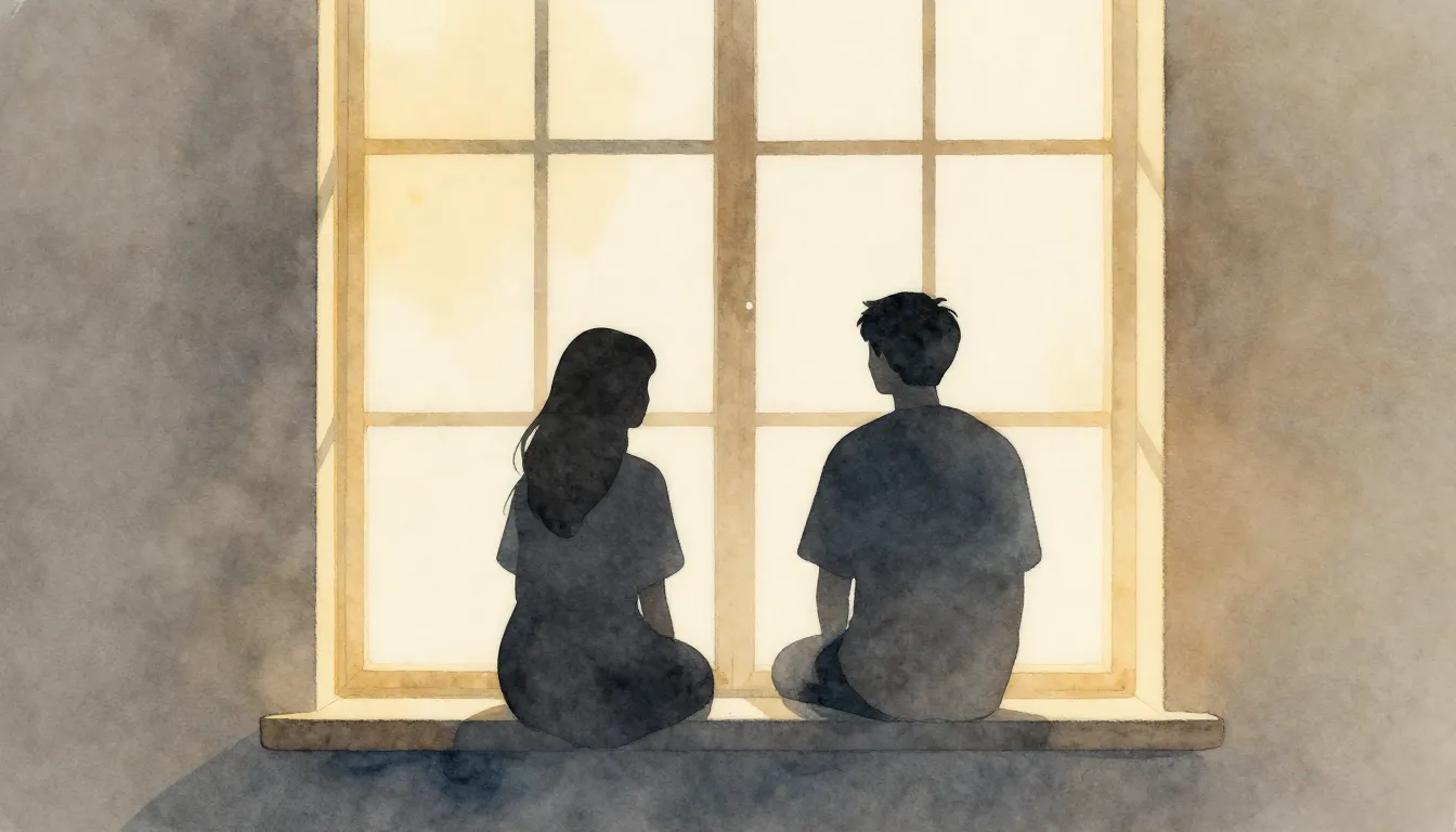 Watercolor style. Minimalist silhouette of two figures sitti...