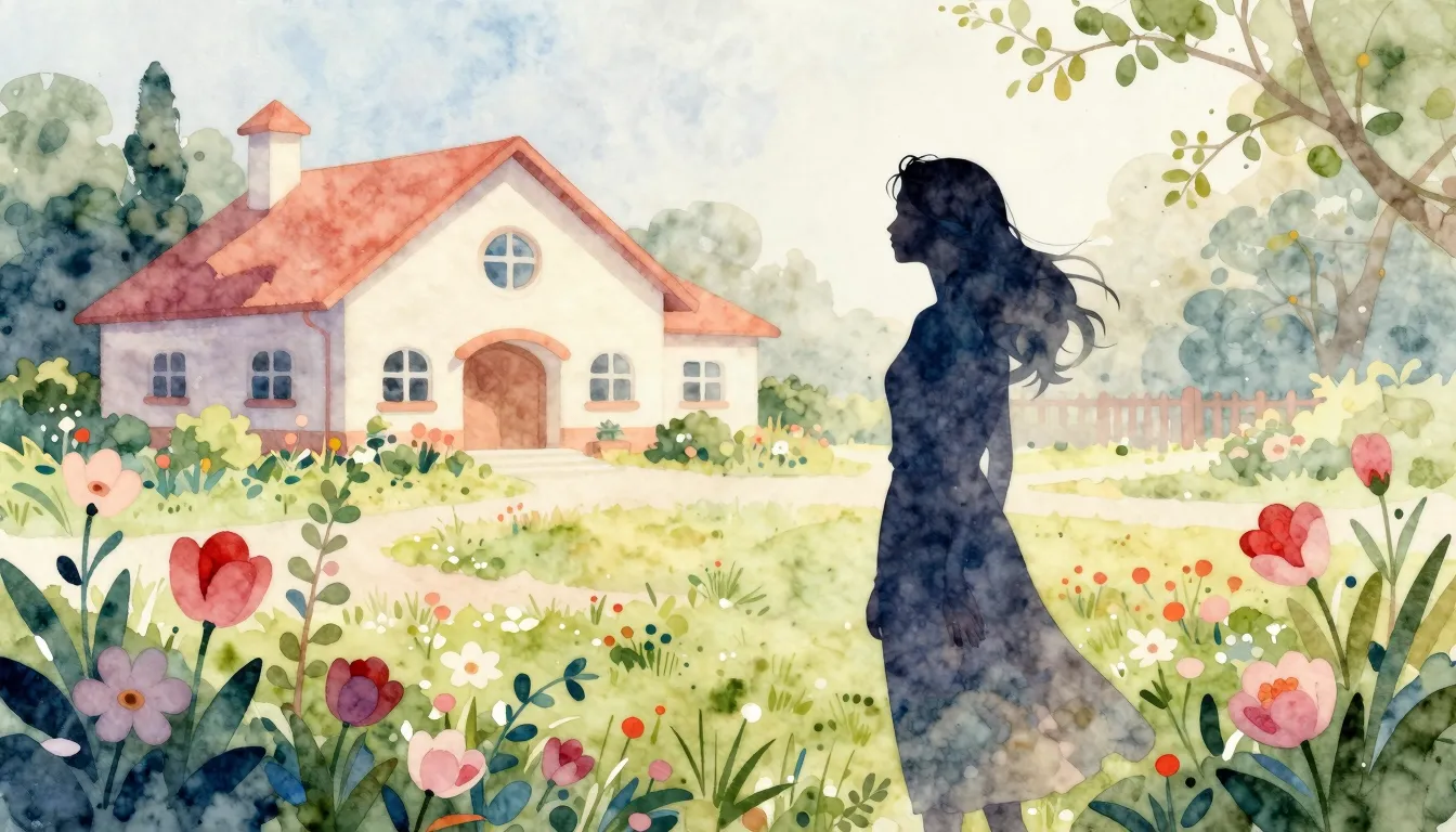 Watercolor style. Silhouette of a woman in a blooming garden...