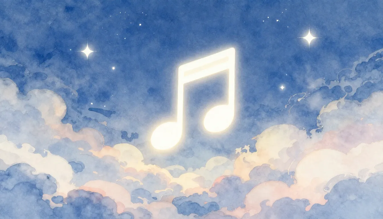 Watercolor style. A glowing musical note floating above a se...