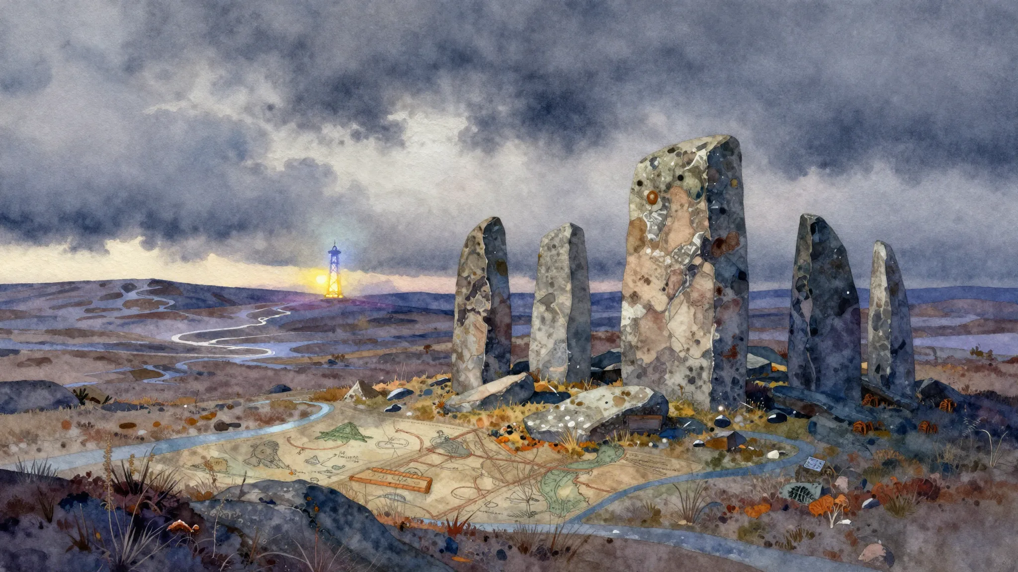 Vibrant watercolor style. Folk album cover: ancient northern...