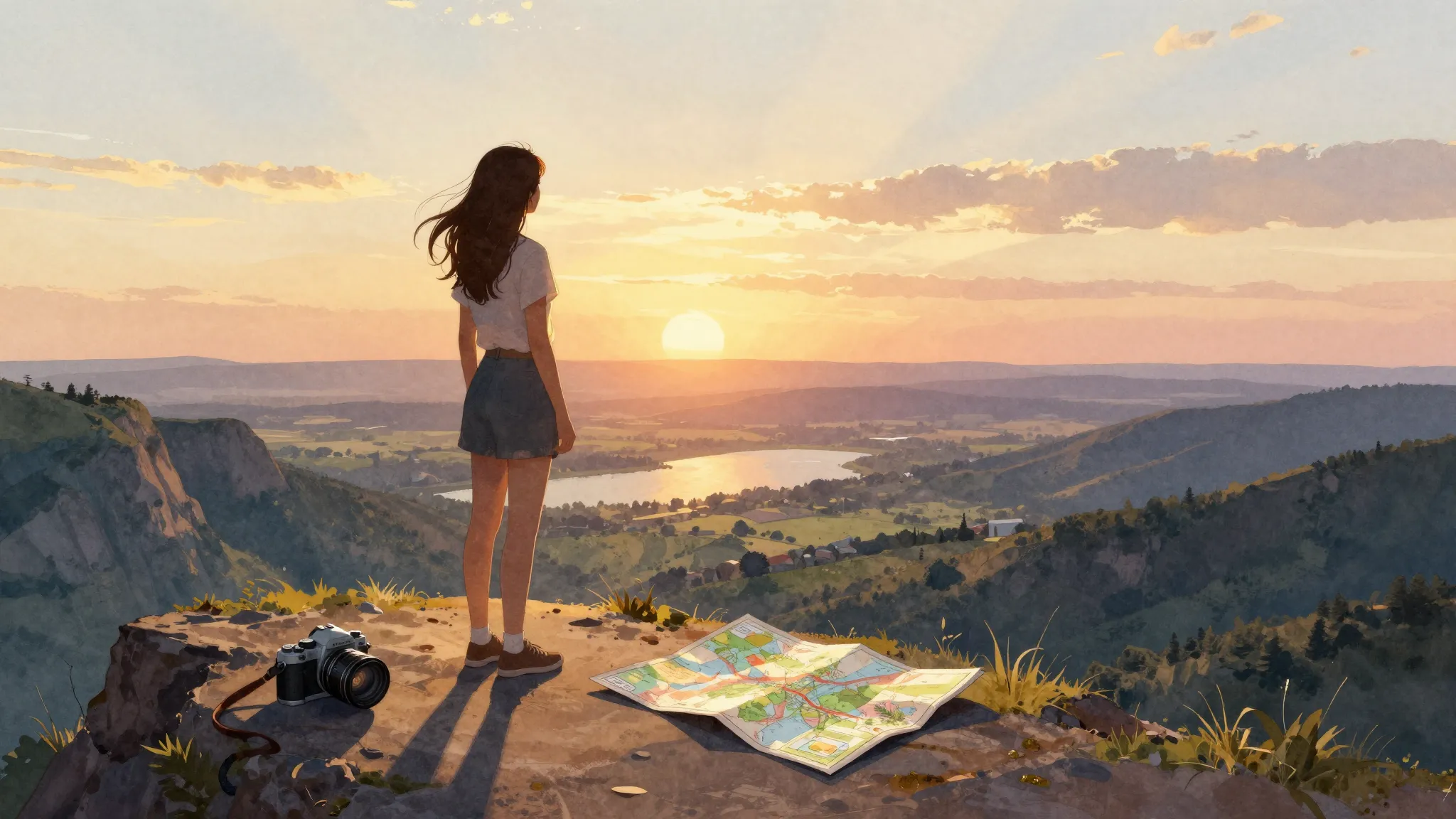 Watercolor style. A silhouette of a girl standing on a cliff...