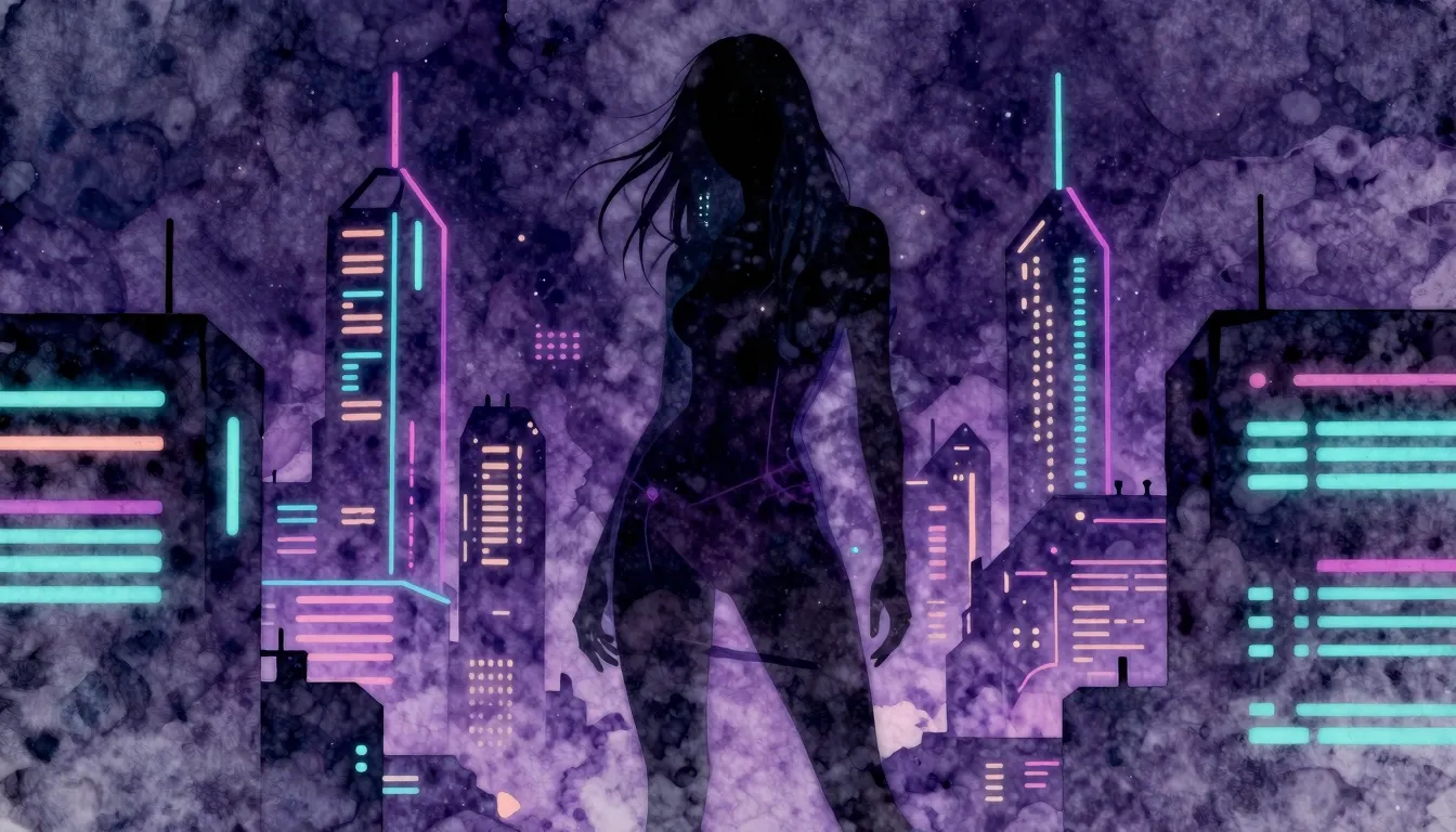 Watercolor style. Neon silhouette of a mysterious woman stan...