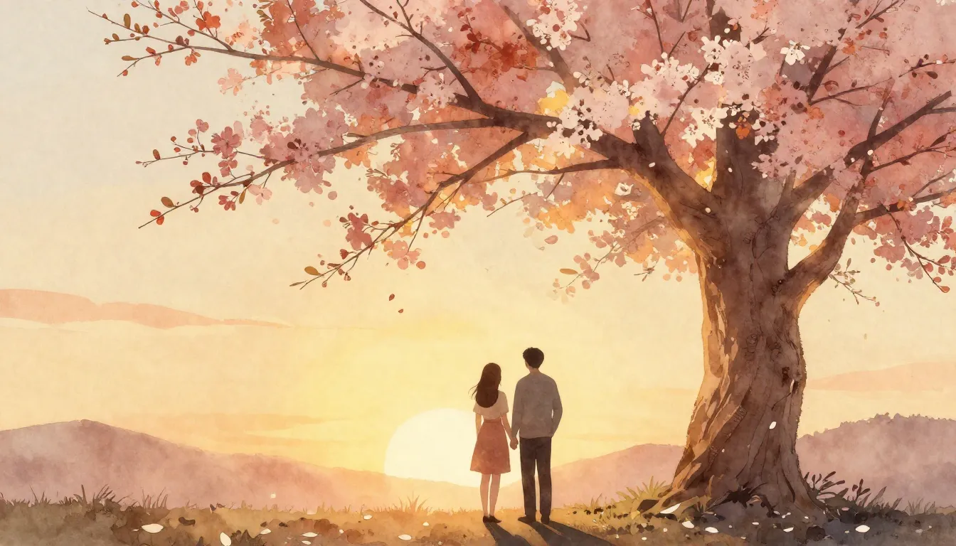 Watercolor style. Silhouette of a couple standing under a la...