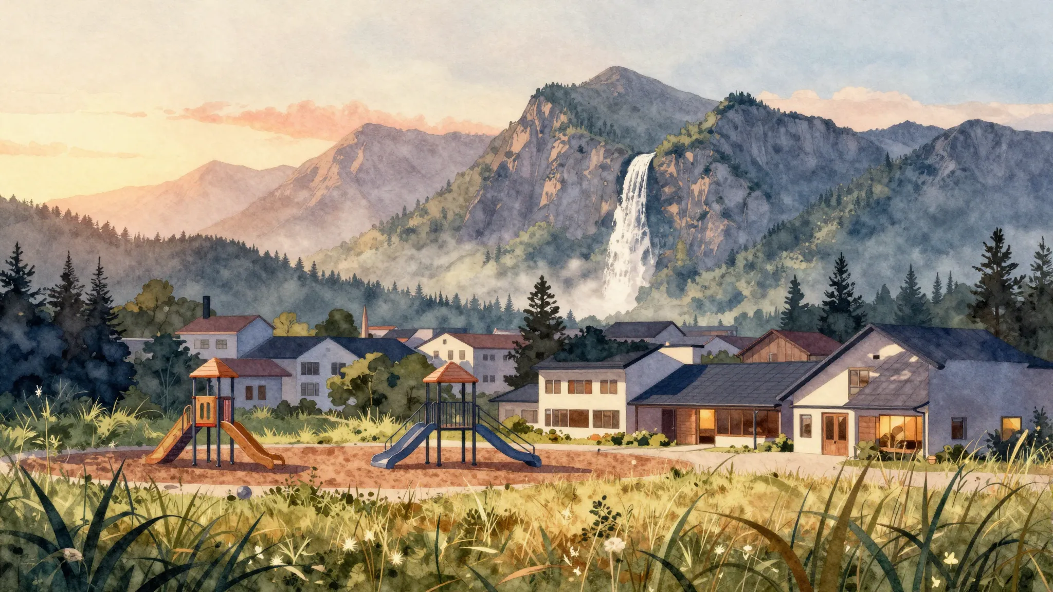 Watercolor style. Silhouette of a small town with modern bui...