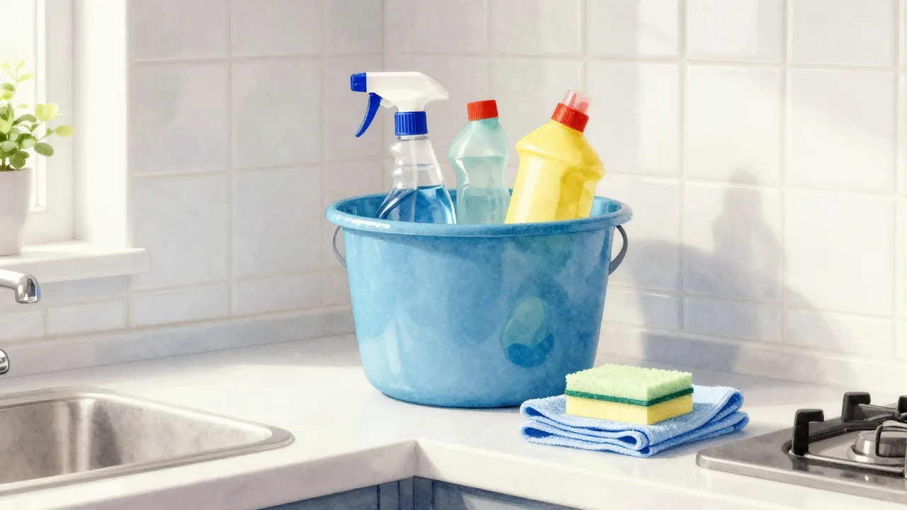 Watercolor style. Close-up of a bright kitchen counter with ...