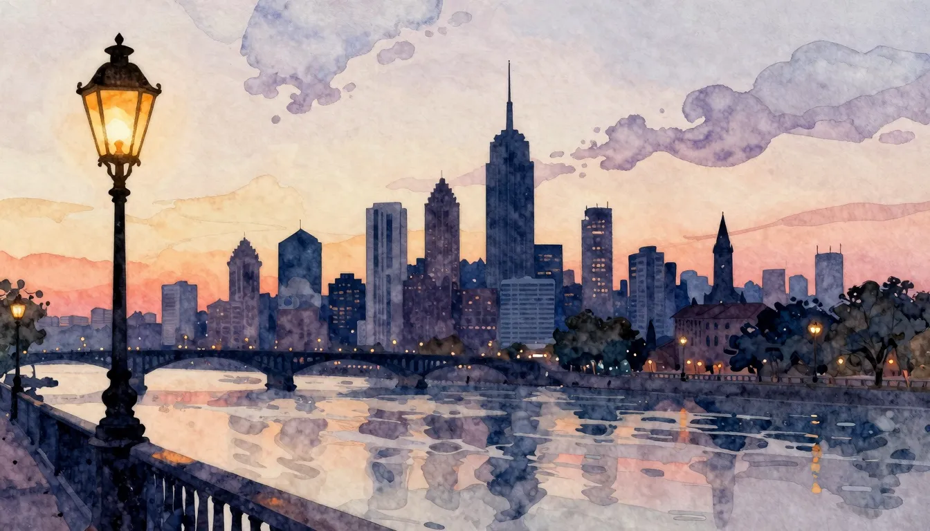 Watercolor style. Stylized silhouette of a city skyline by a...