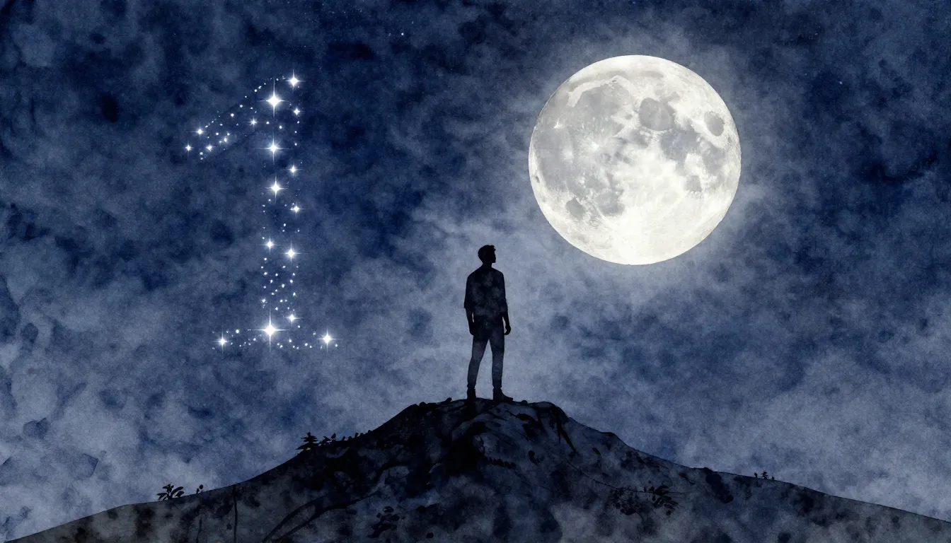 Watercolor style. Silhouette of a man standing on a mountain...