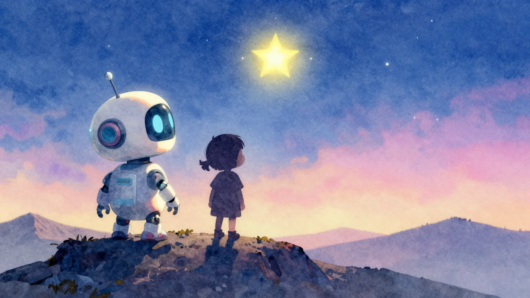 Watercolor style. A cute robot and a child silhouette standi...