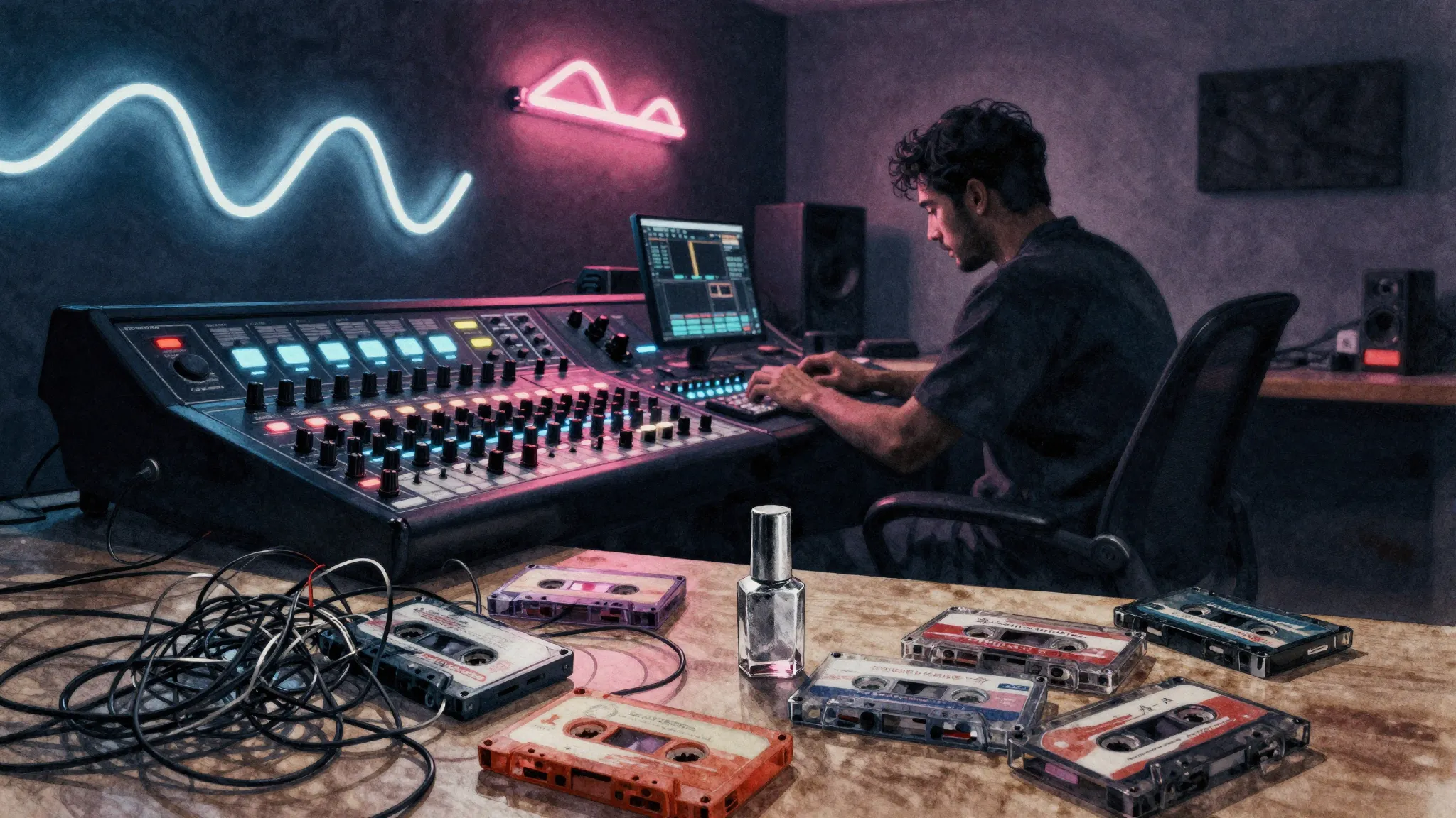 Watercolor style. A dark studio room with a glowing mixing c...