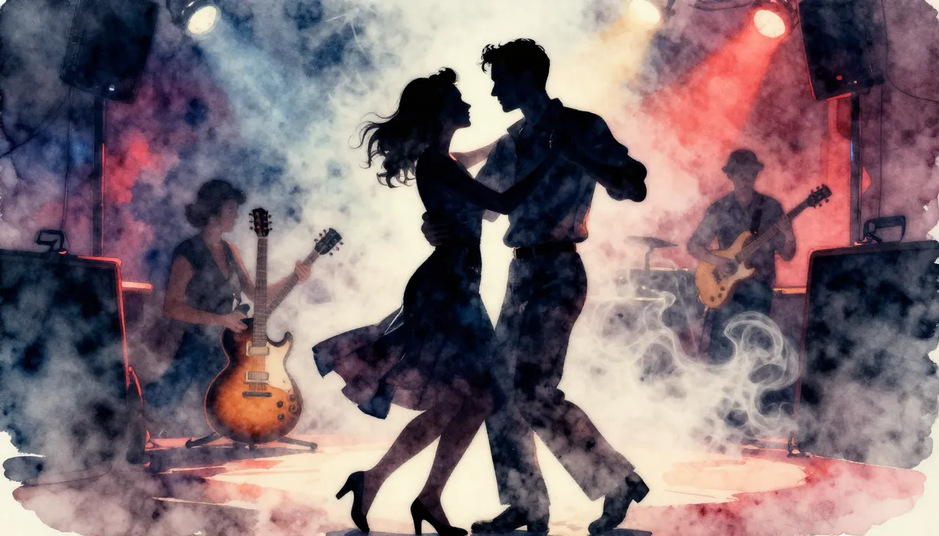 Watercolor style. Silhouette of a couple dancing in a hazy, ...