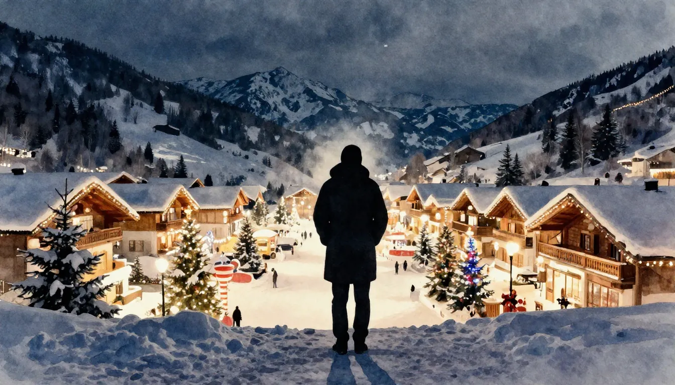 Watercolor style. A dark silhouette of a lone figure standin...