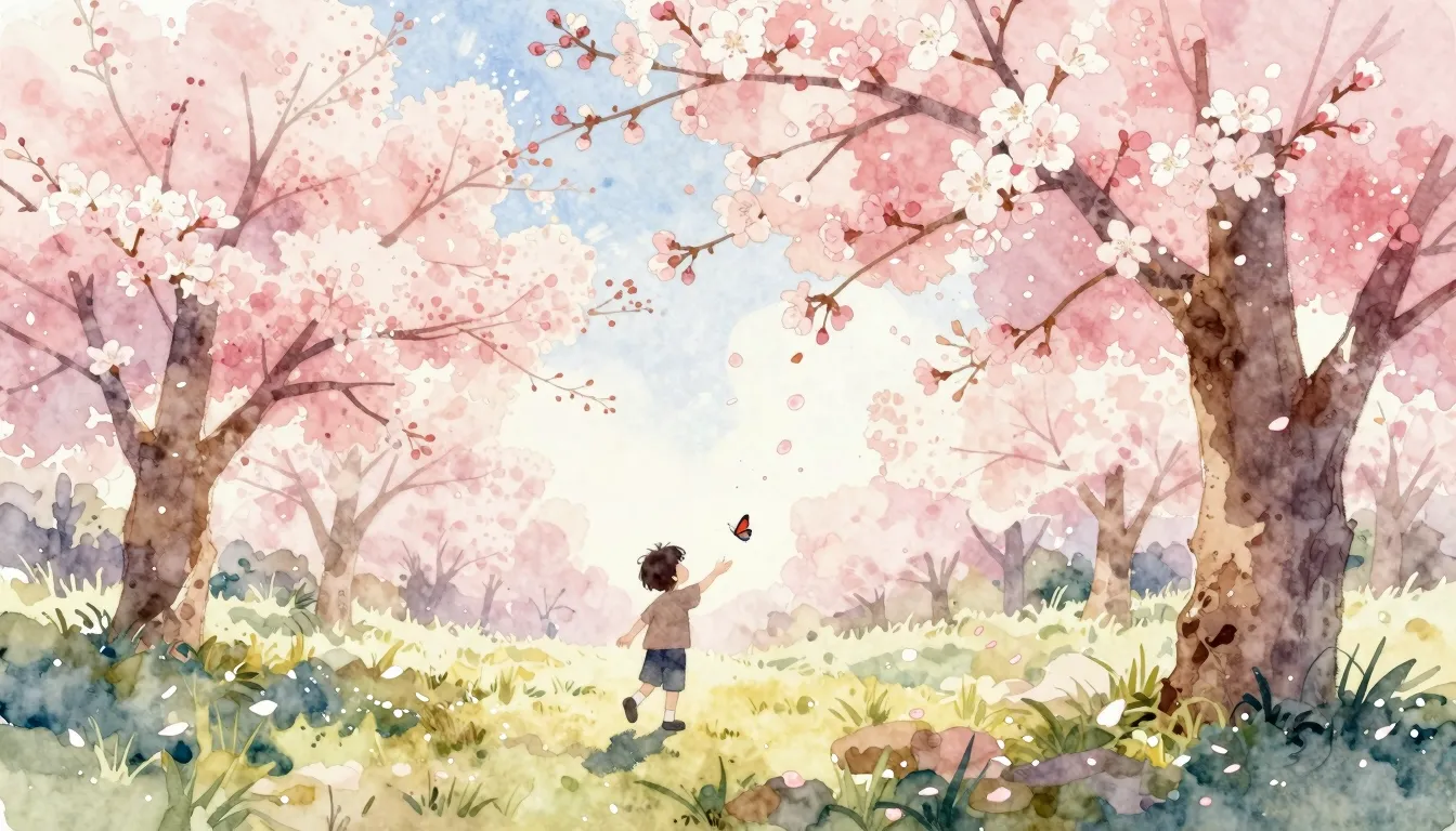 Watercolor style. A delicate spring landscape with blooming ...