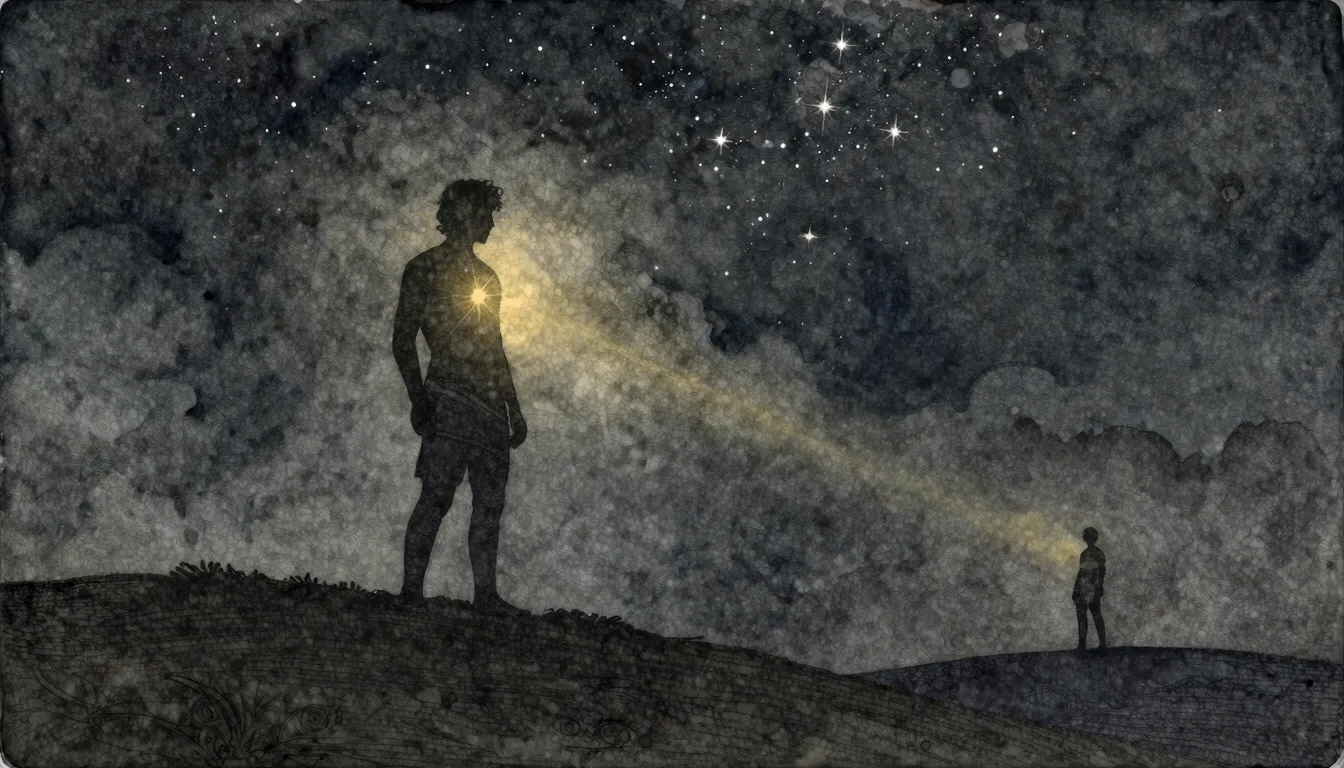 Watercolor style. A silhouette of a person standing on a hil...