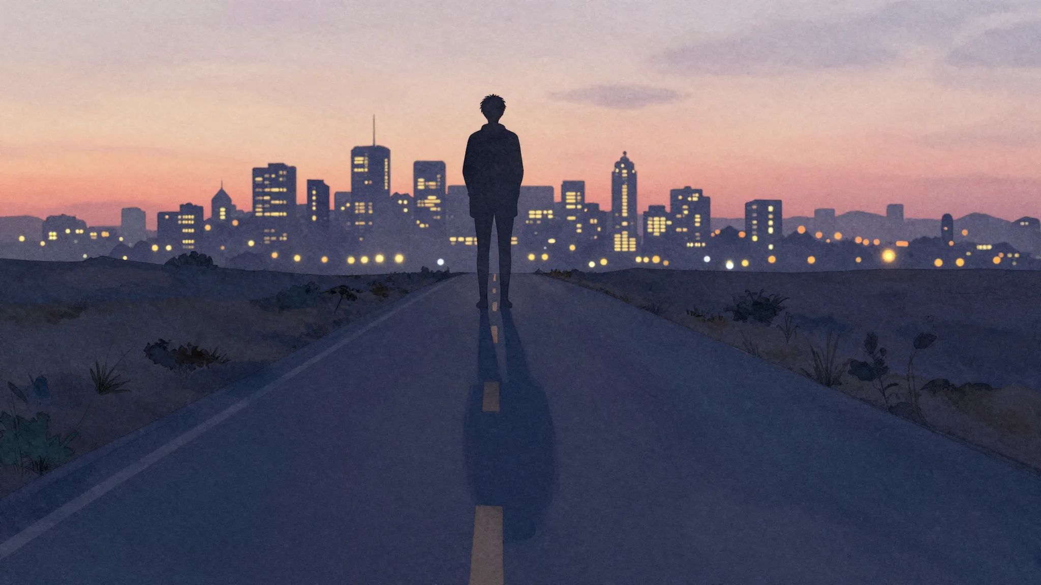 Watercolor style. A lonely silhouette of a person looking at...