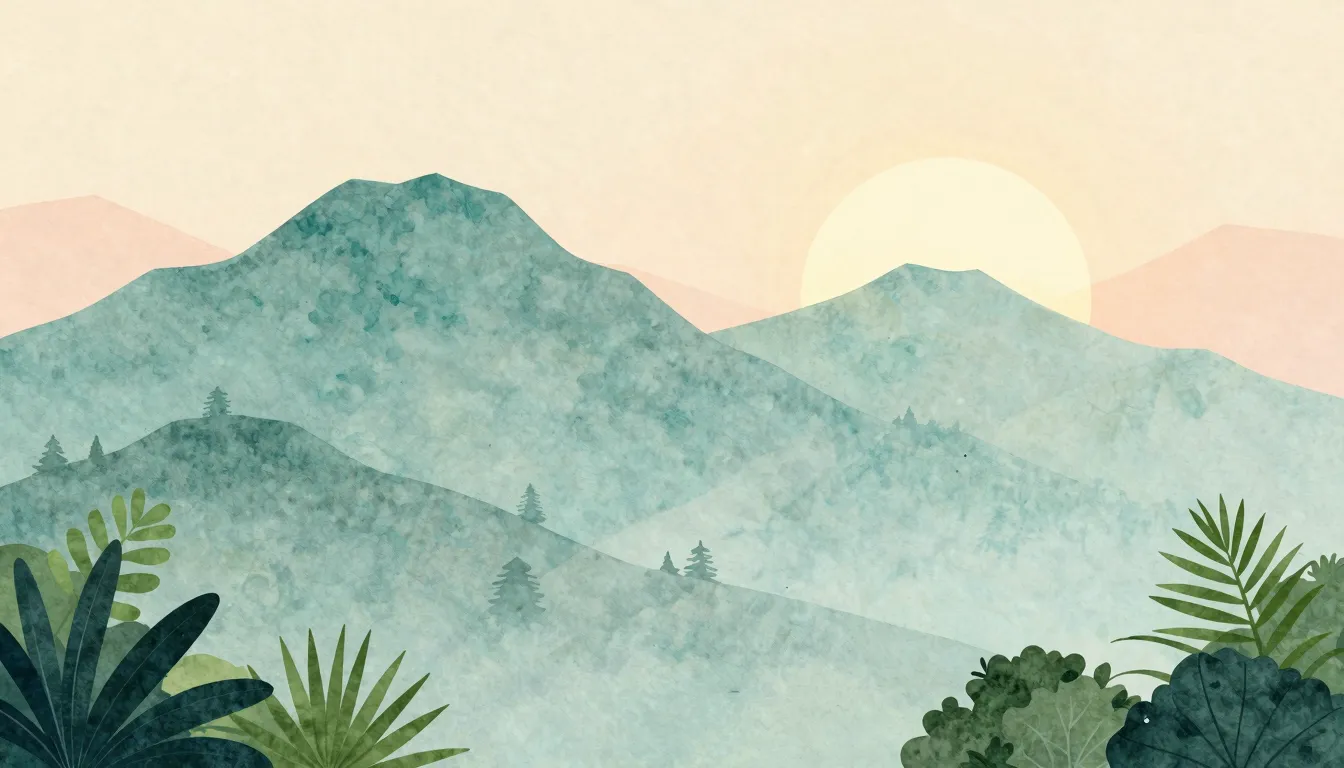 Watercolor style. Silhouette of high mountains, nature, gree...