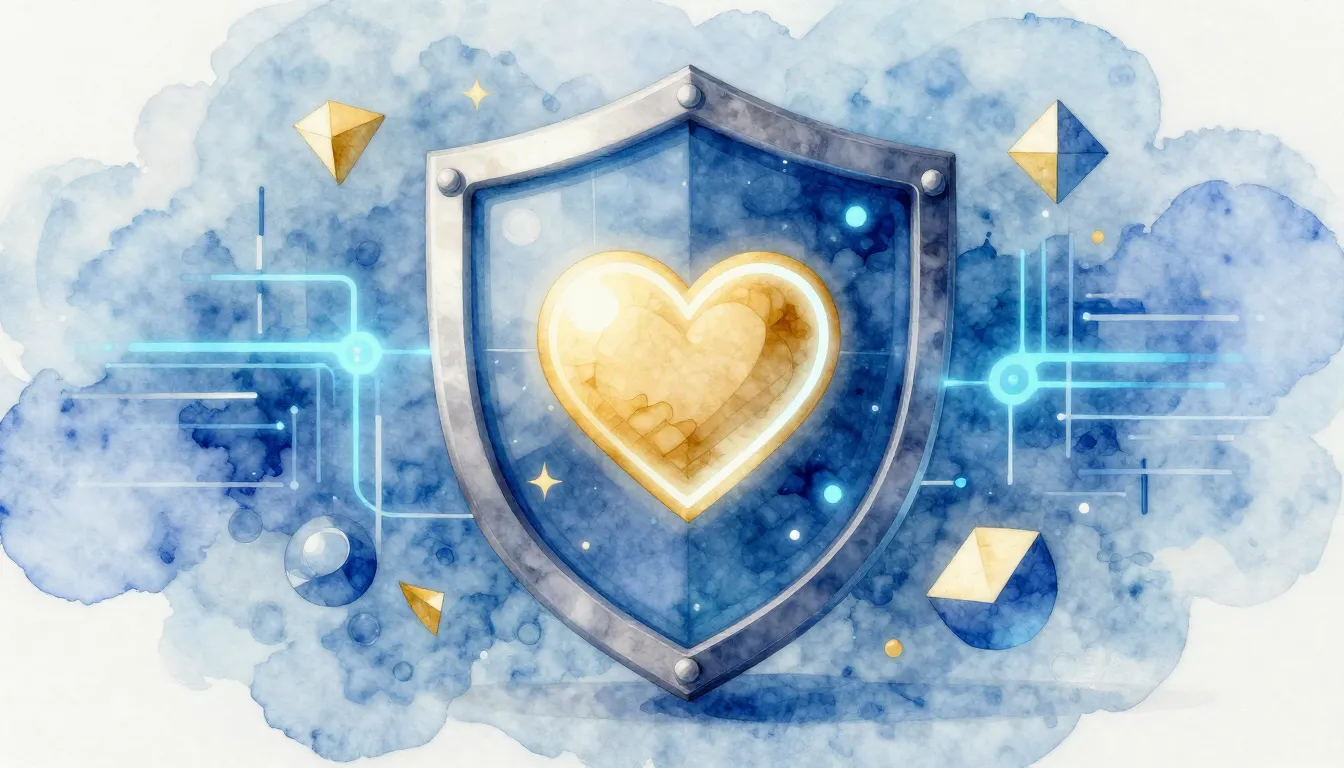 Watercolor style. A stylized digital shield protecting a glo...