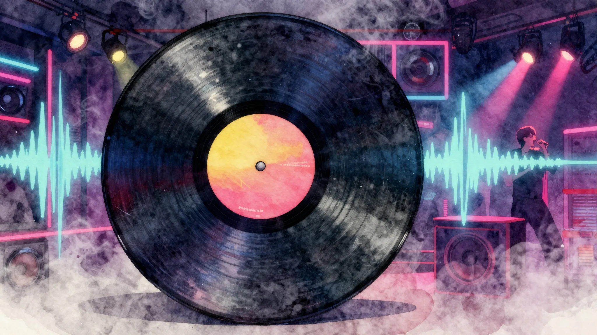 Vibrant watercolor style. A spinning vinyl record, dynamic r...