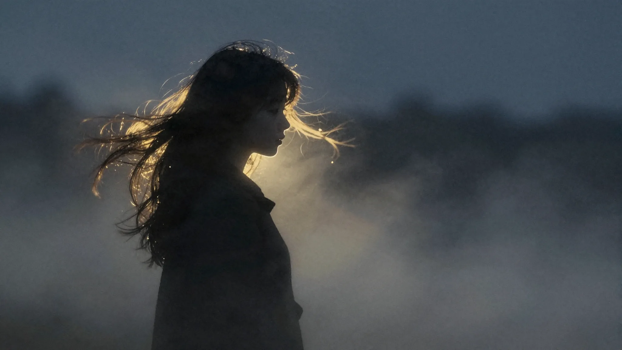 Watercolor style. A dark silhouette of a girl in a misty nig...