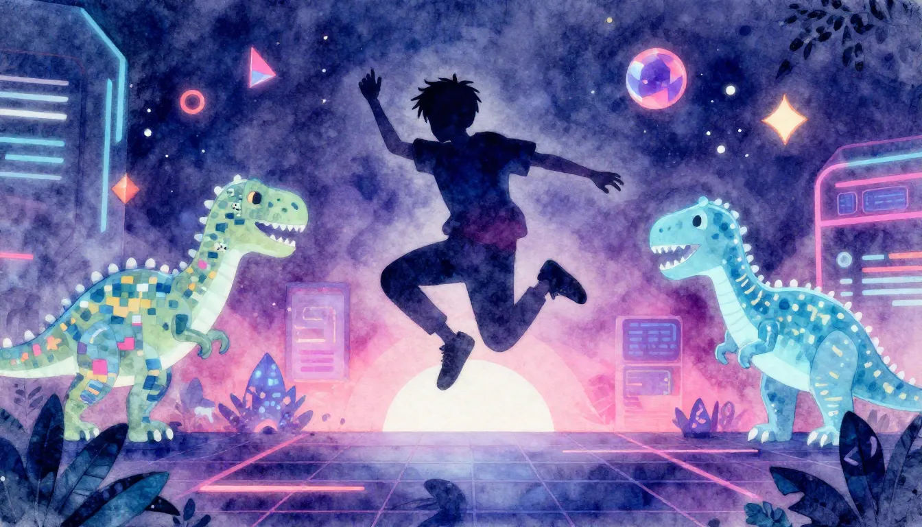Watercolor style. Neon silhouette of a teenager jumping in a...
