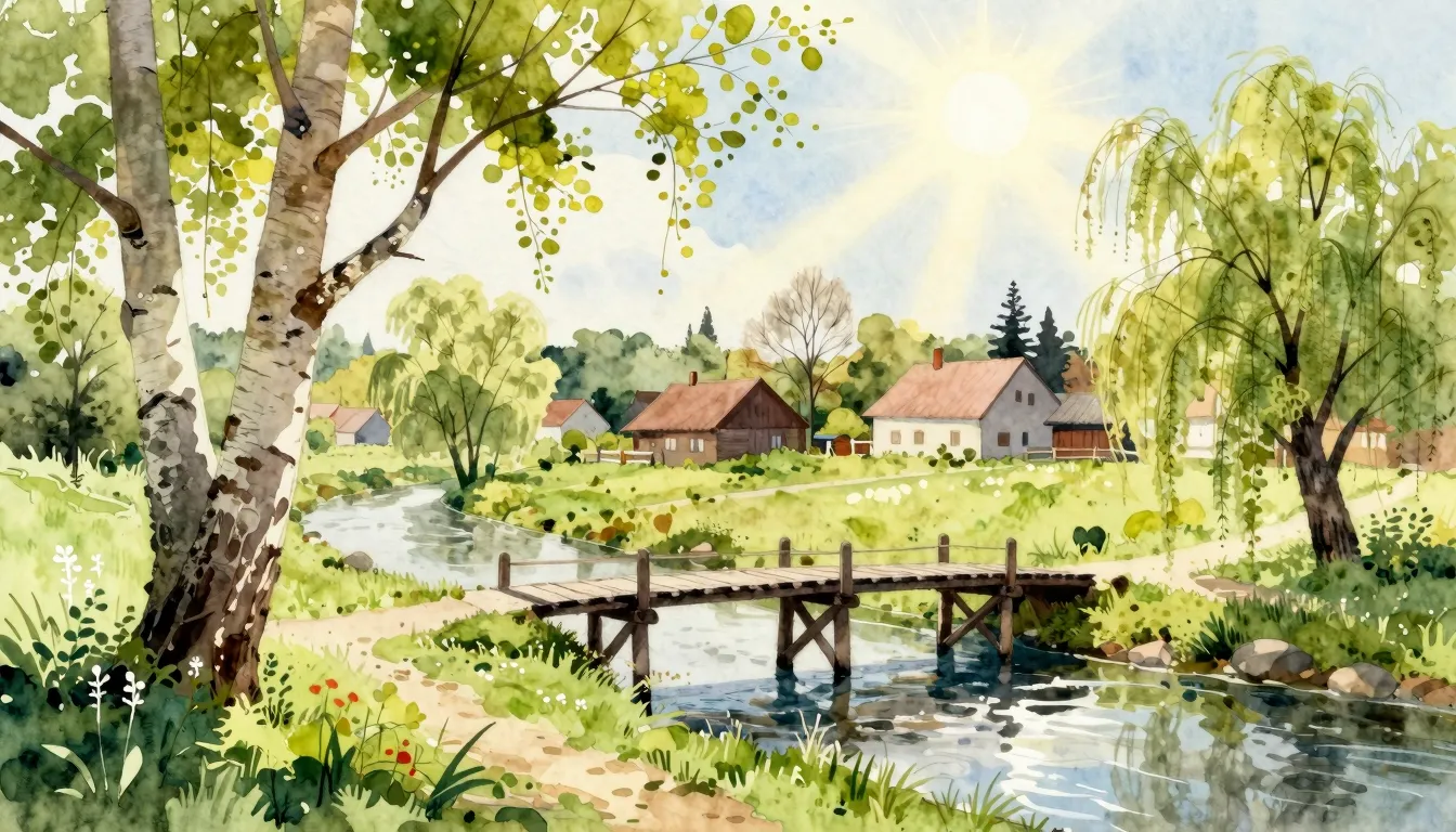 Vibrant watercolor style. Rural village, river, meadows, old...