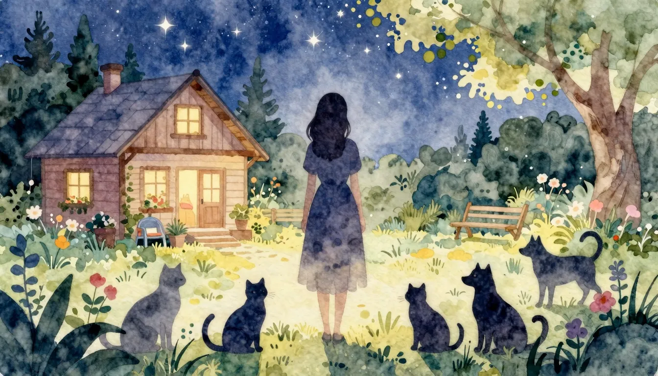 Watercolor style. A silhouette of a woman in a garden, surro...