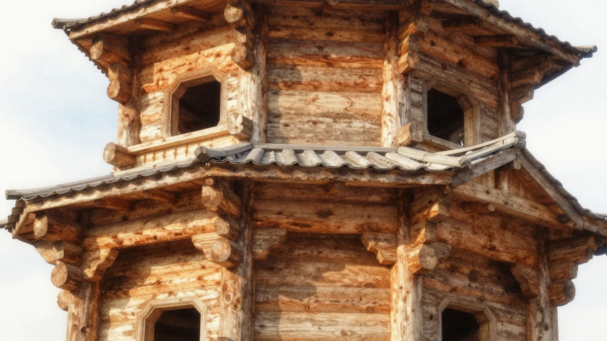 Watercolor style. Close-up of a beautiful wooden log structu...