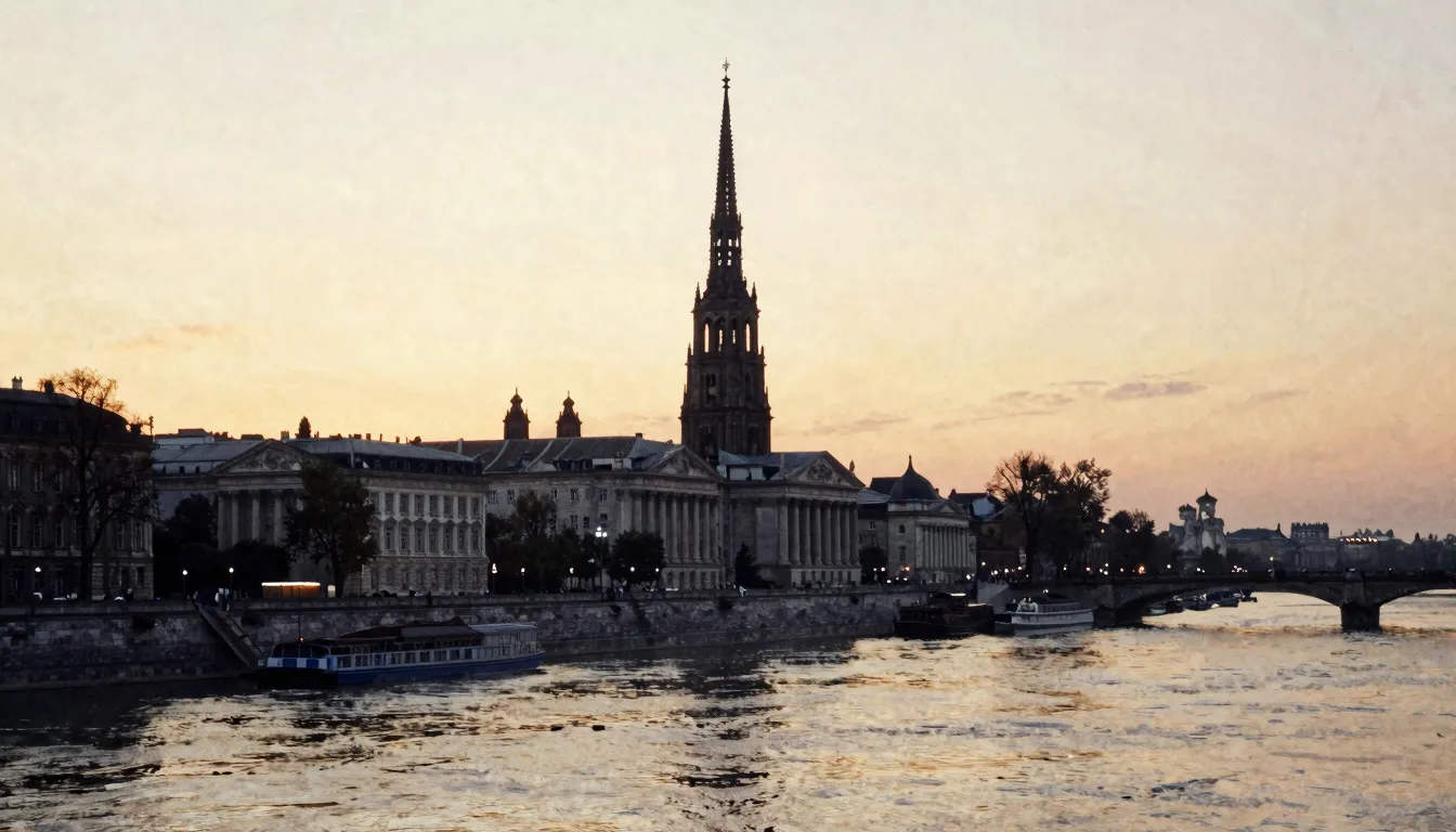 Watercolor style. Silhouette of a majestic classical city by...