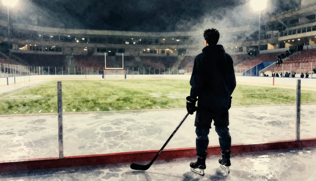 Watercolor style. A silhouette of a man standing on a hockey...