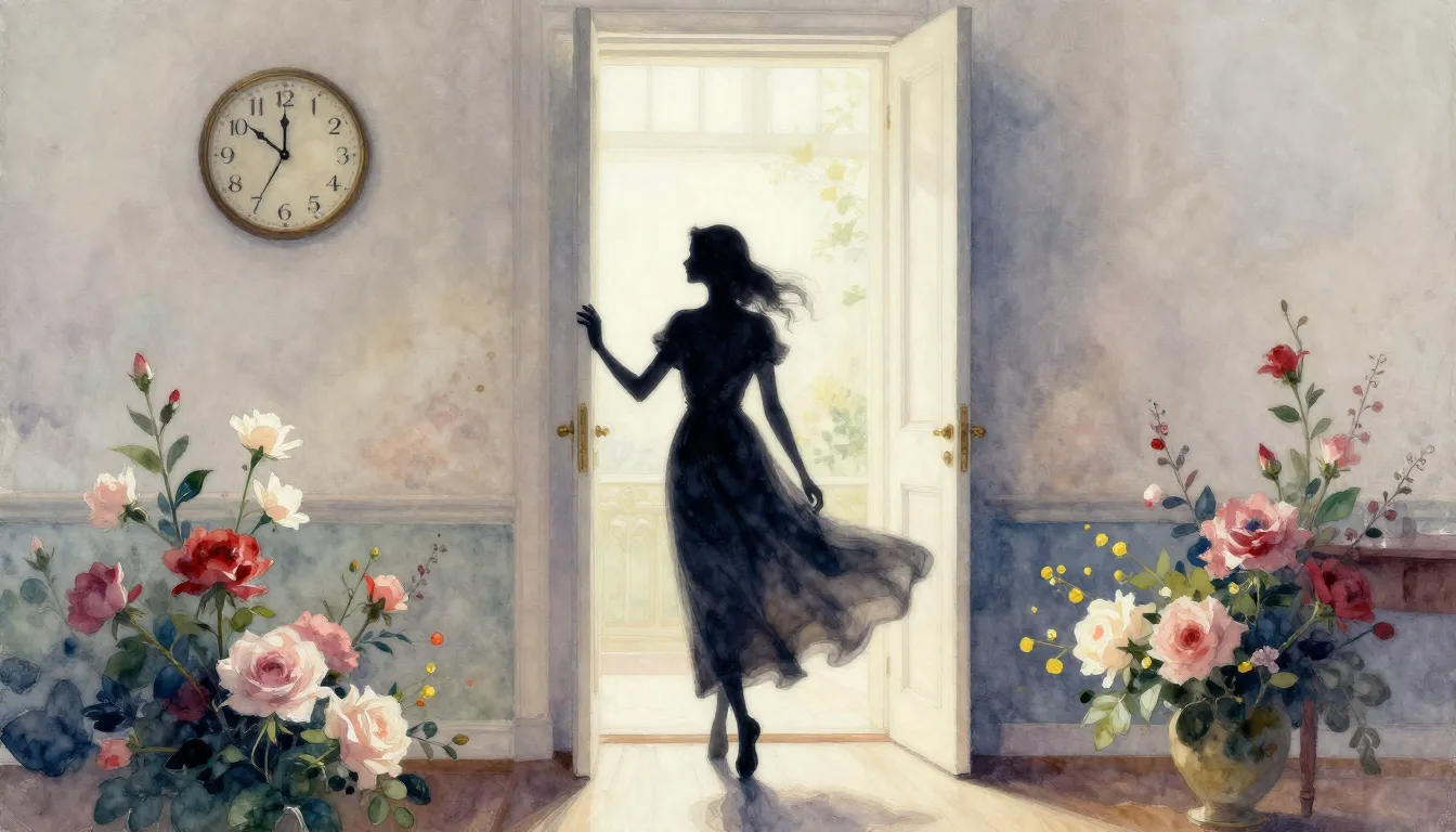Watercolor style. A silhouette of a graceful woman entering ...