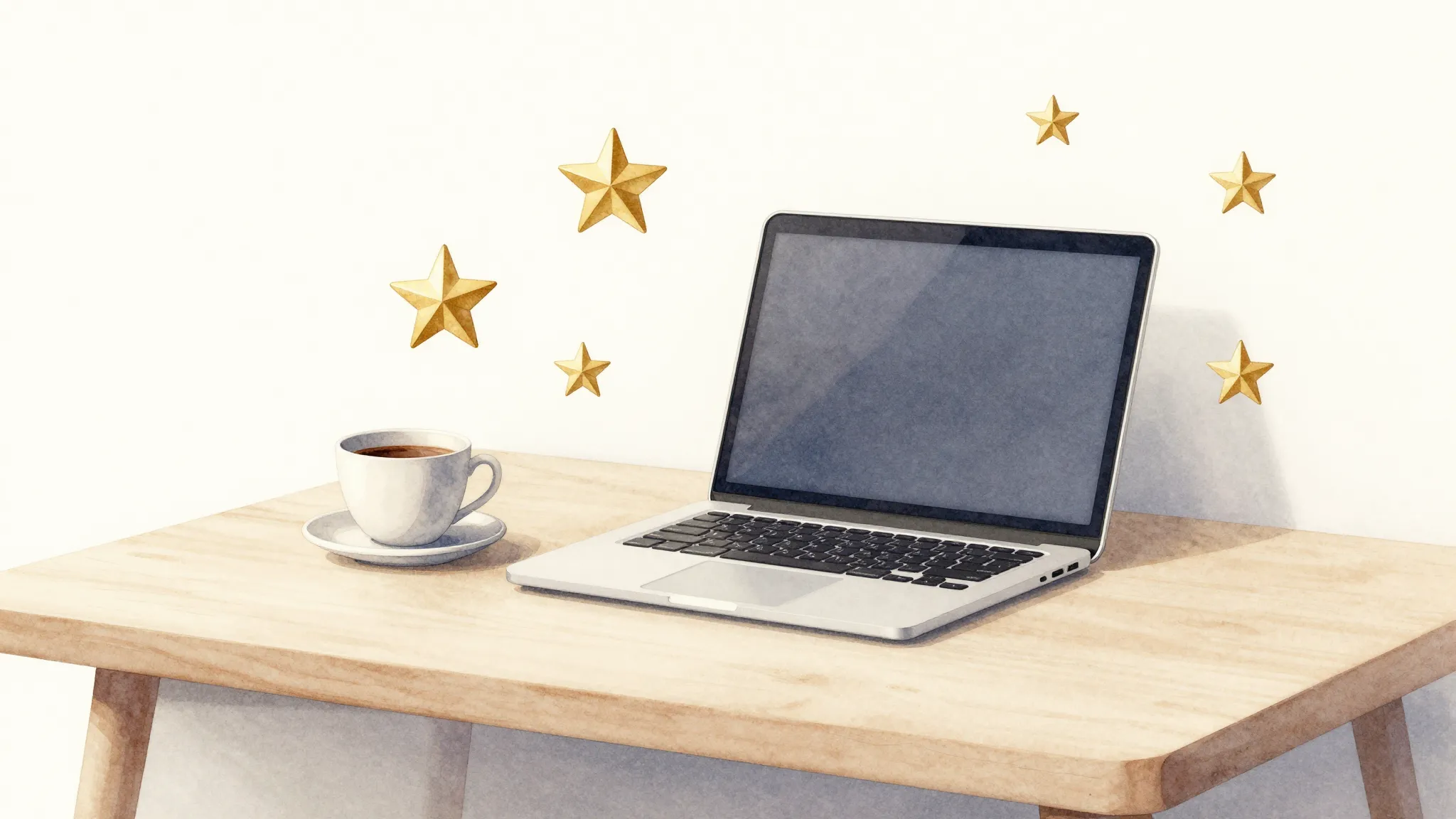 Watercolor style. Cozy home office desk with a laptop, a cup...