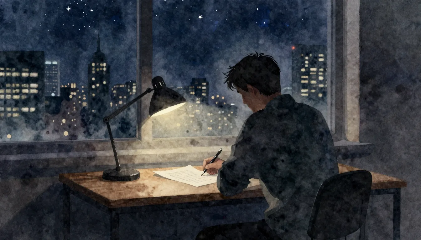 Watercolor style. A silhouette of a man sitting at a desk at...