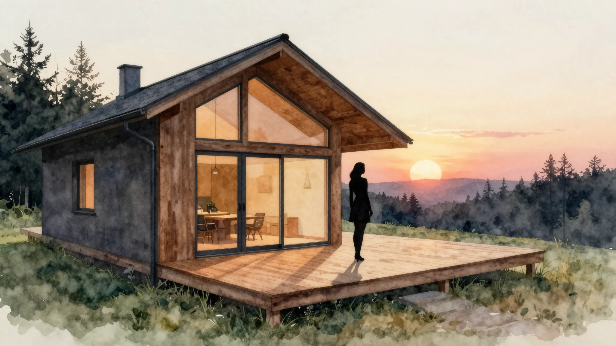 Watercolor style. A silhouette of a beautiful woman standing...