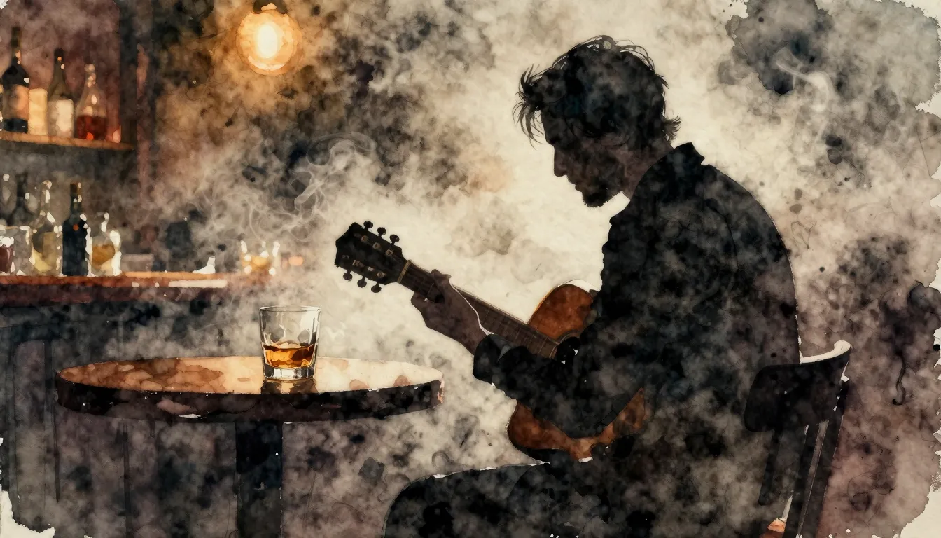 Watercolor style. A silhouette of a man with a guitar agains...