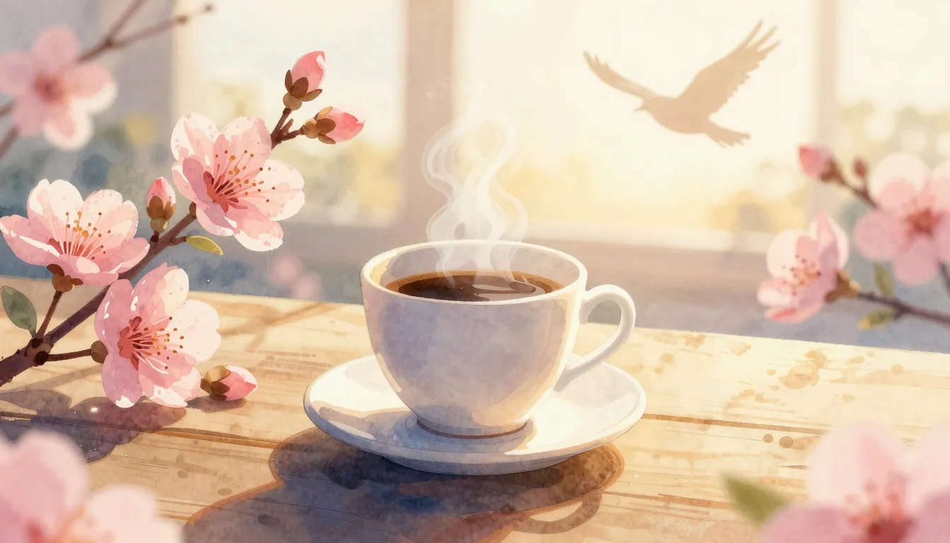 Watercolor style. A bright sunny morning, a cup of coffee on...