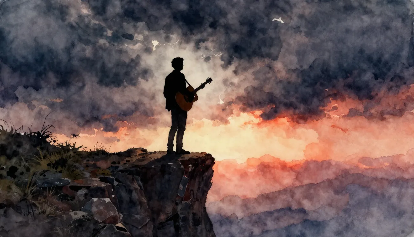Watercolor style. Silhouette of a man with a guitar standing...