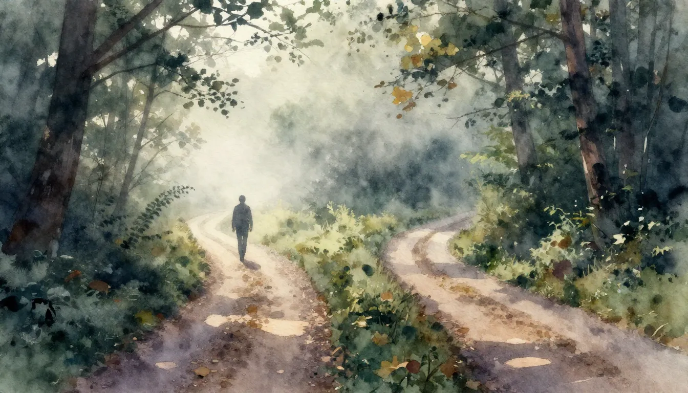 Watercolor style. Two paths diverging in a misty forest, a s...