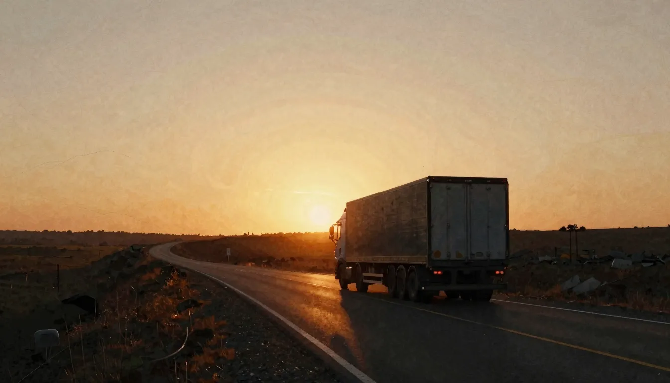 Watercolor style. Silhouette of a truck driving on a long wi...