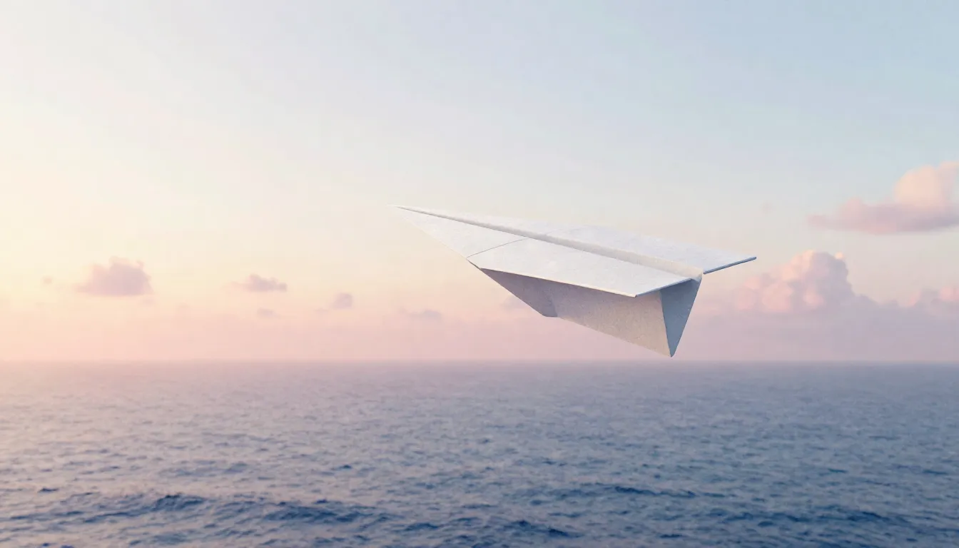 Watercolor style. A single paper plane flying over a calm, v...